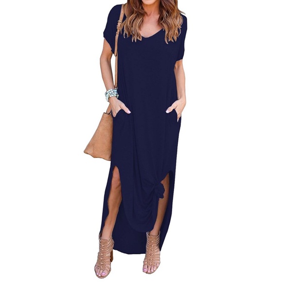 The O Boutique Dresses & Skirts - •LAST 3• Navy Short Sleeve Slit Sides Pocket Maxi